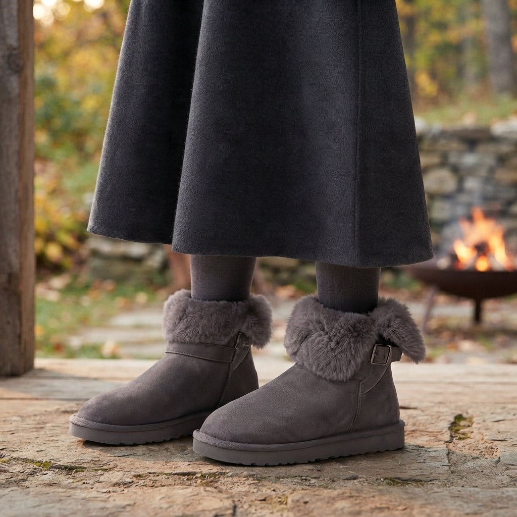 Buckled Ankle Snow Boots, Plush Cuff Suede Look Upper