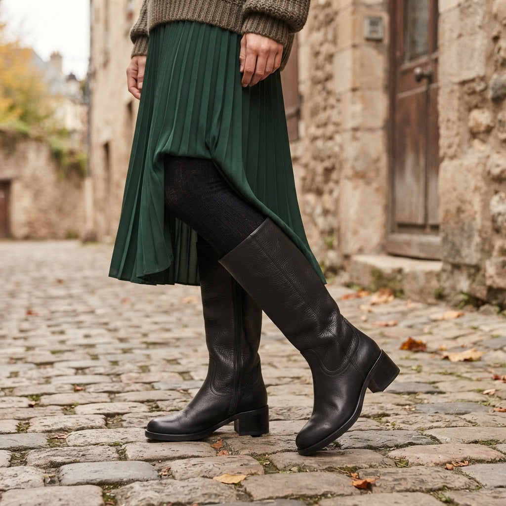 Knee High Leather Boots, Round Toe Supportive Flat Sole