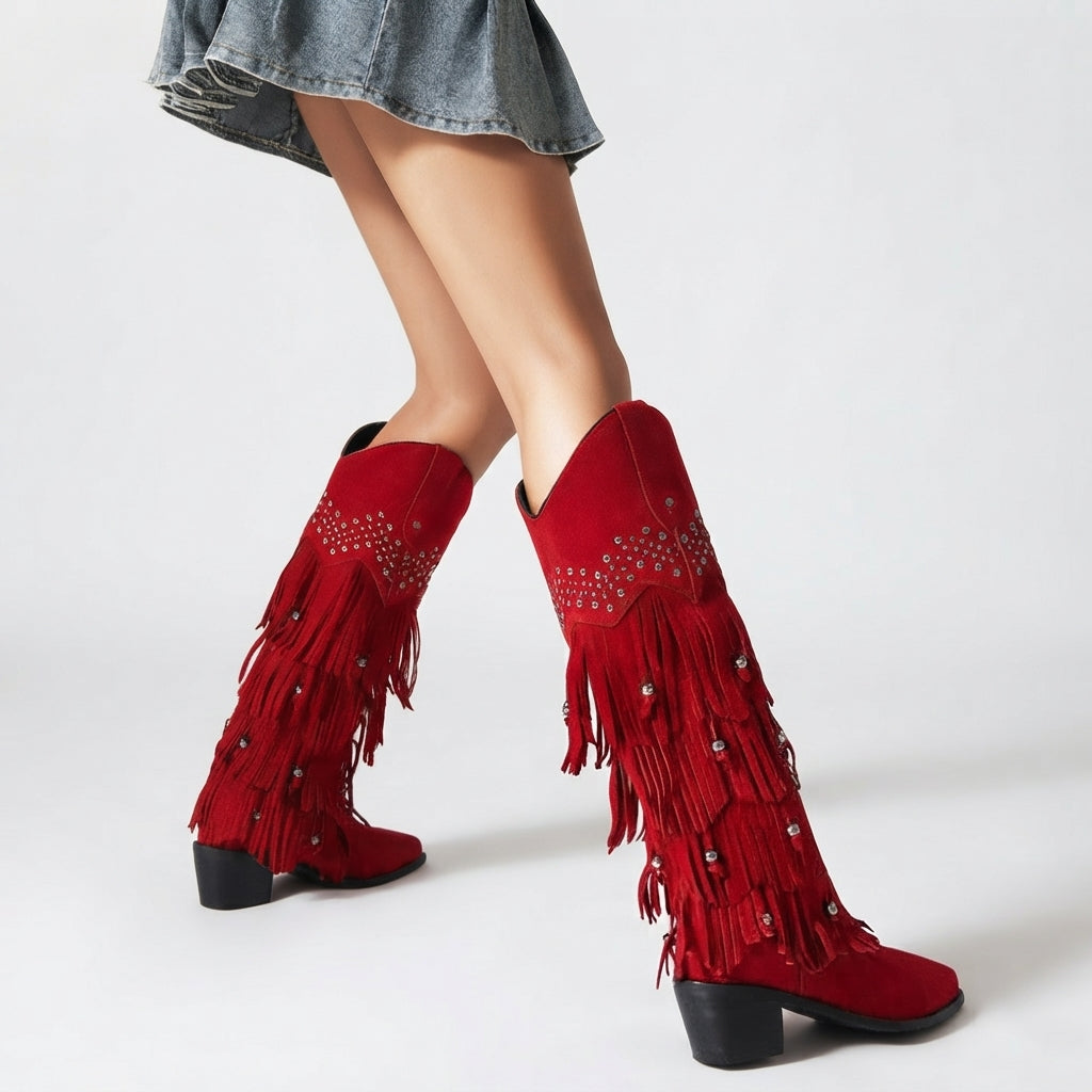 Fringe Knee High Cowboy Boots, Suede Stacked Block Heel