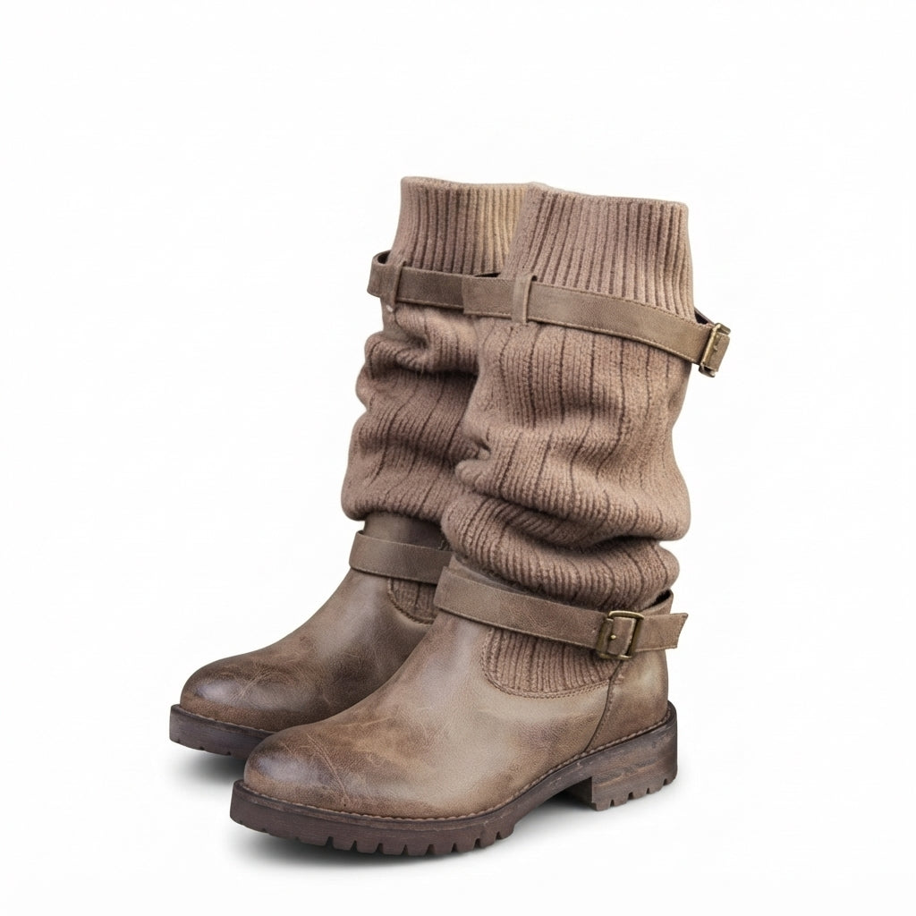 Ribbed Knit Slouch Winter Boots, Chunky Lug Sole Grip