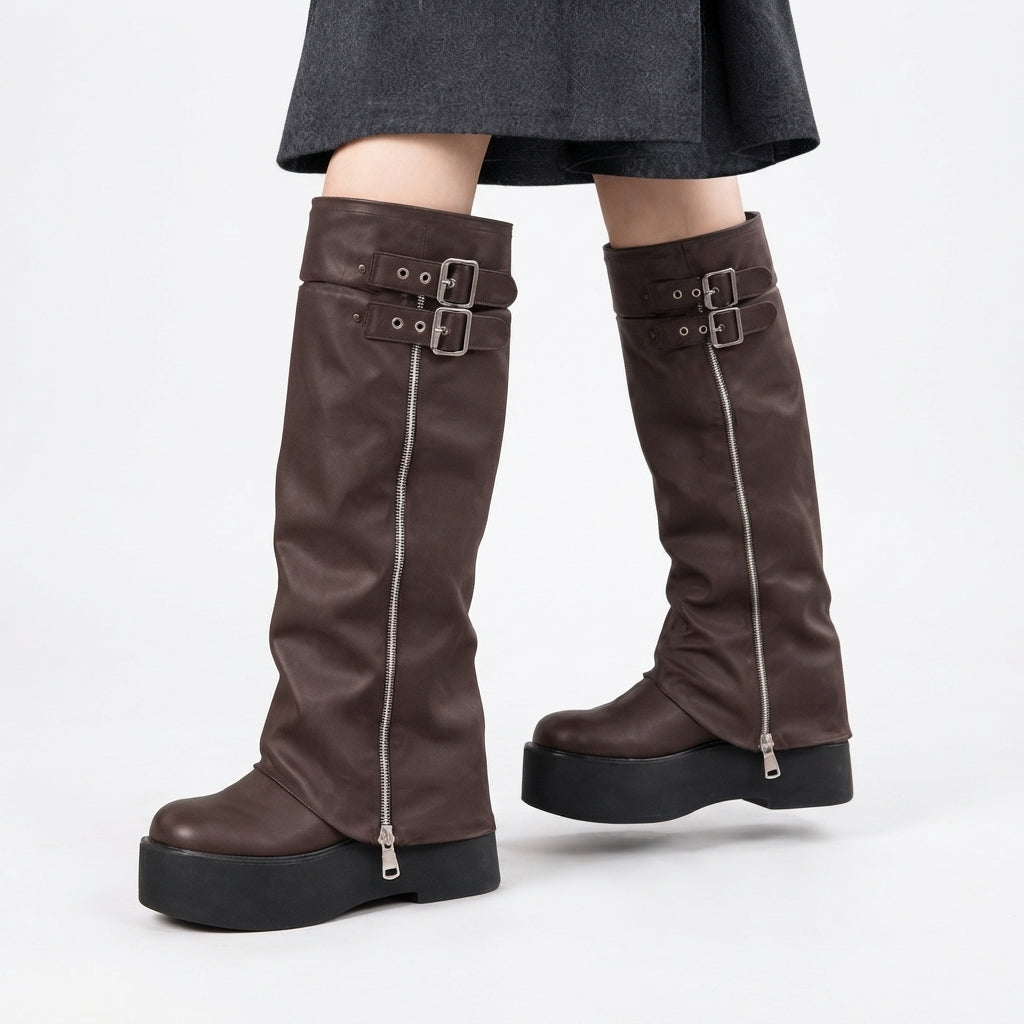 Leather-Look Knee High Platform Boots, Buckle Wedge