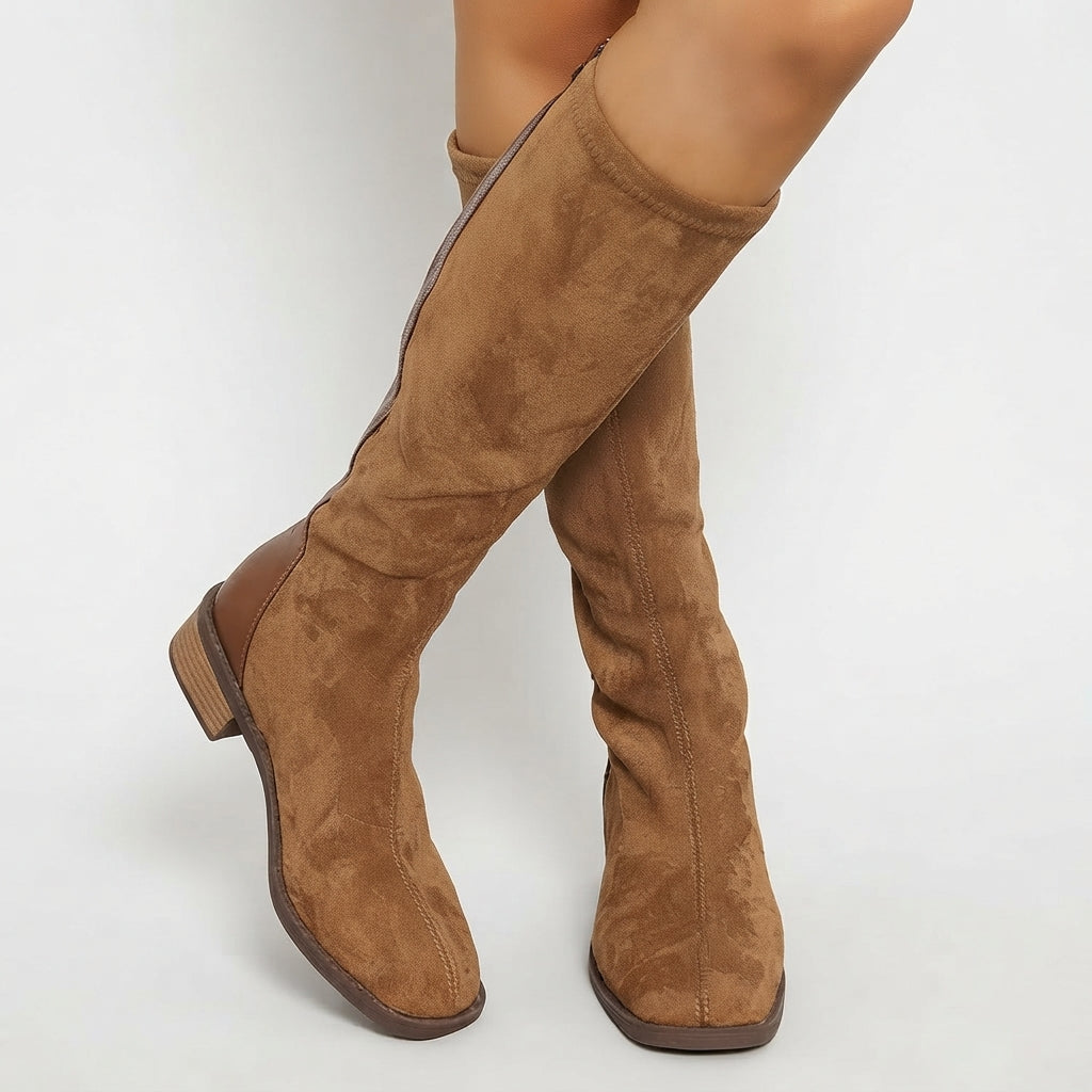 Suede Look Knee High Boots, Low Block Heel Side Zip