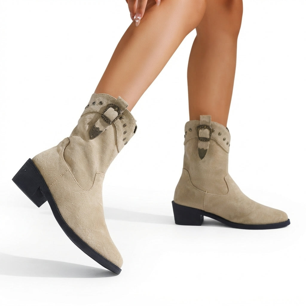 Mid Calf Cowboy Boots, Pointed Toe Studded Buckle Strap