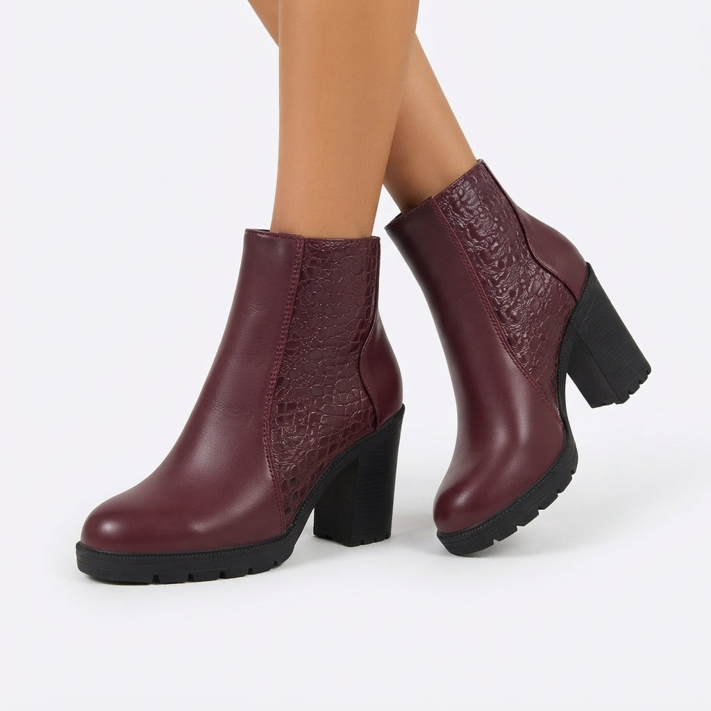 Croc Embossed Ankle Boots, Block Heel and Back Zip