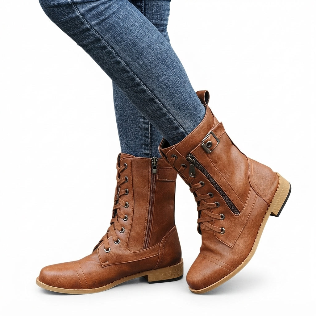 Faux Leather Biker Boots, Arch Support Buckle Strap