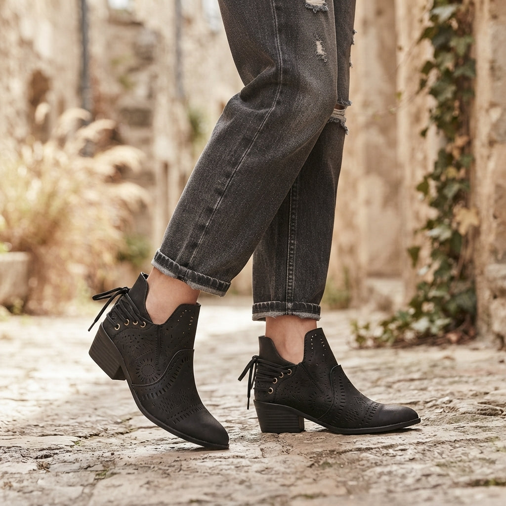 Cutout Ankle Boots, Low Block Heel Laser Cut Detail