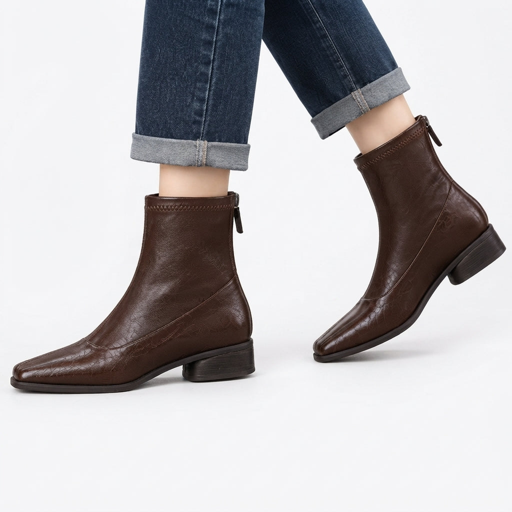 Square Toe Heeled Boots, Low Block Heel Back Zip Fit