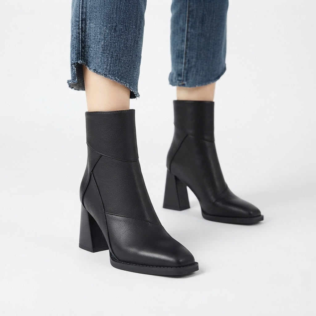 Leather-Look Ankle Boots, Side Zip Block Heel Style