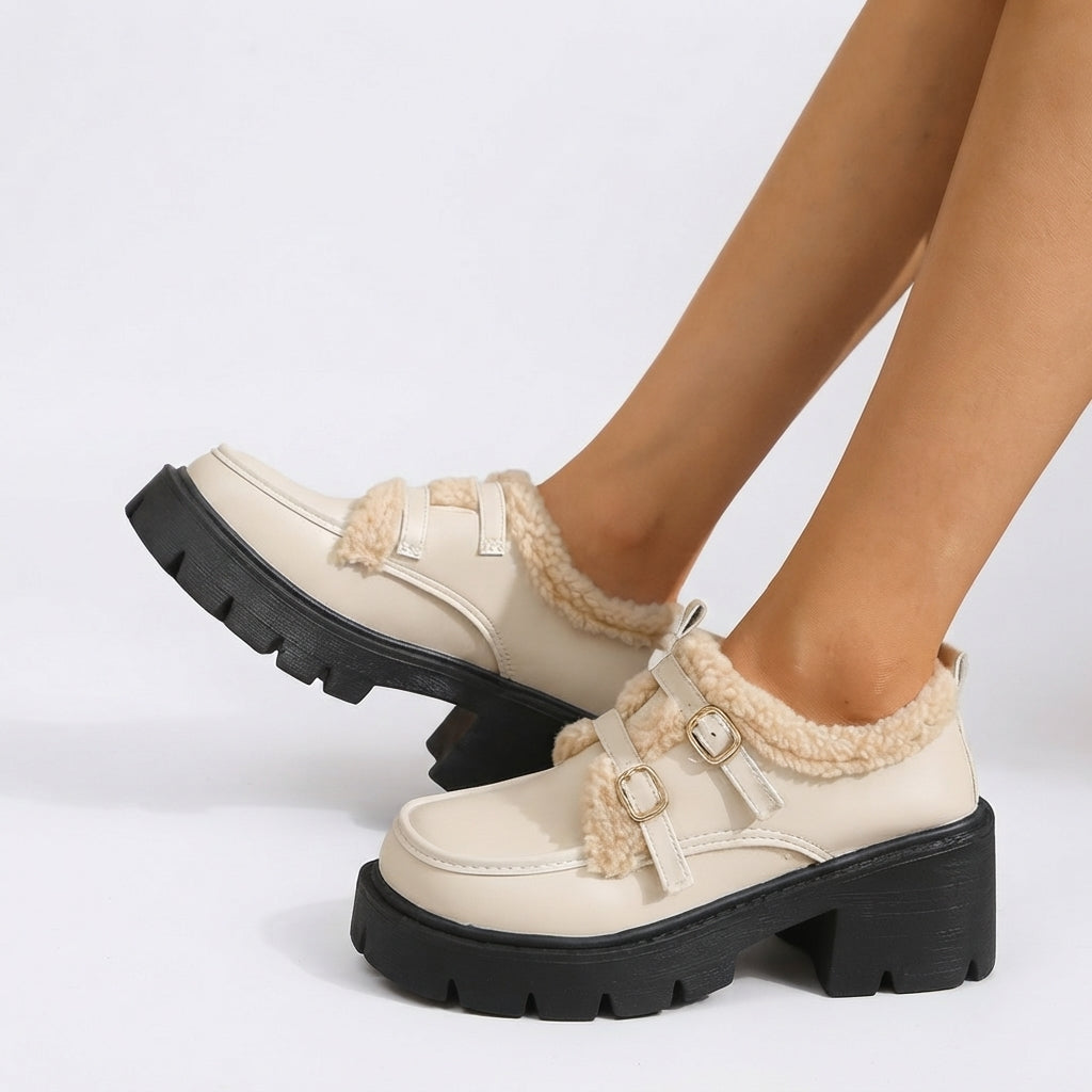 Platform Monk Strap Shoes, Sherpa Trim Double Buckle