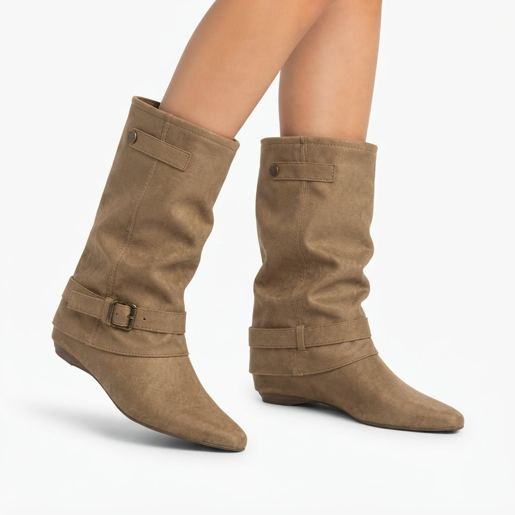 Slouch Boots with Buckle Strap and Hidden Wedge Heel