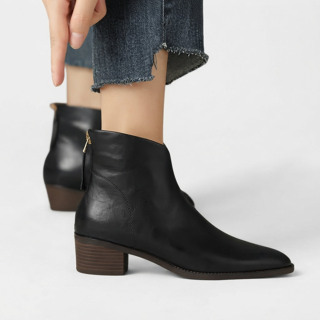 Pointed Toe Leather Ankle Boots, Back Zip Low Heel