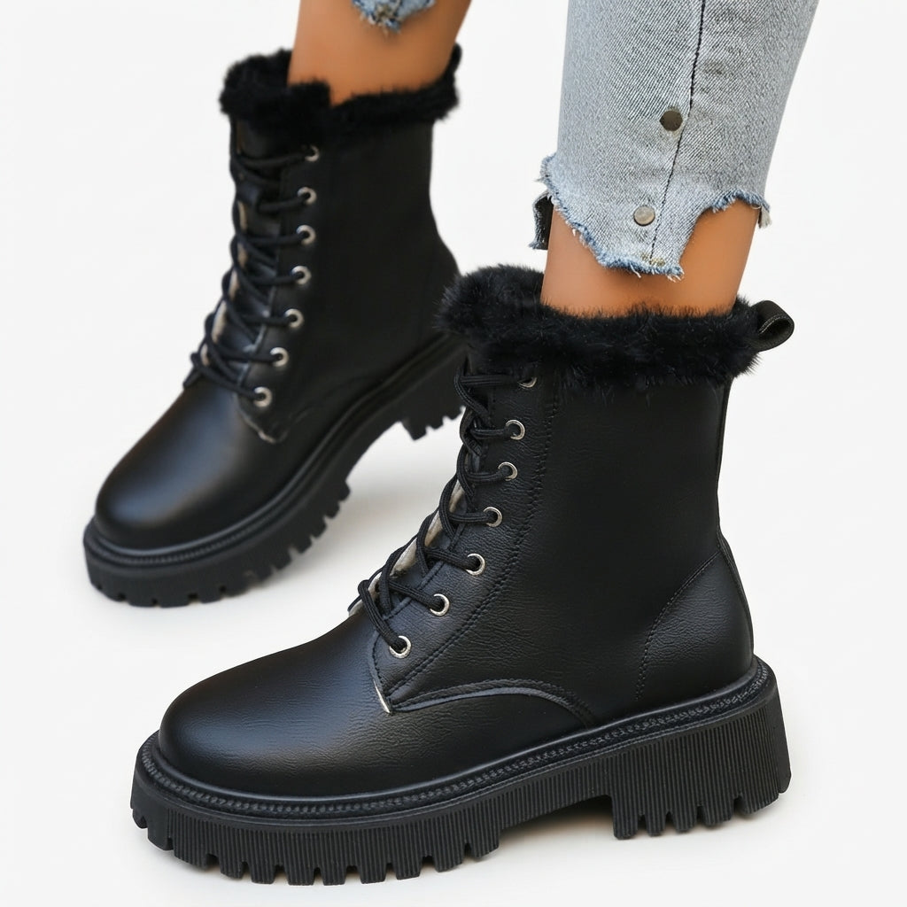 Faux Fur Lined Combat Boots, Lace Up Chunky Lug Sole