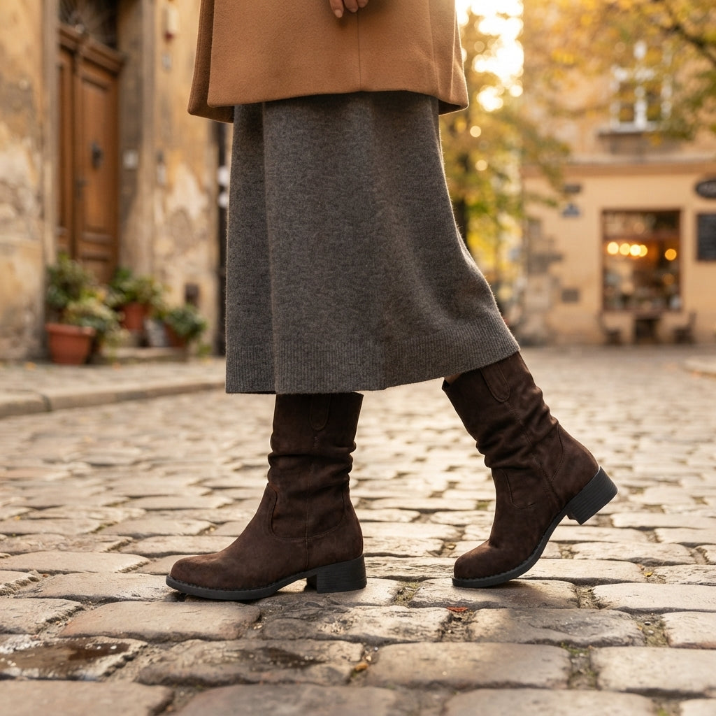 Suede Slouch Boots with Block Heel, Easy Pull-On Fit