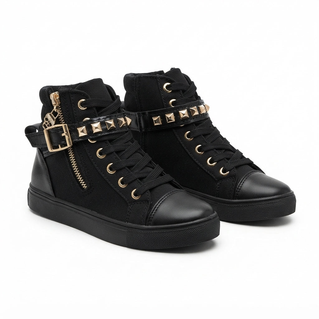 High-Top Studded Trainers, Canvas Side Zip Sneakers