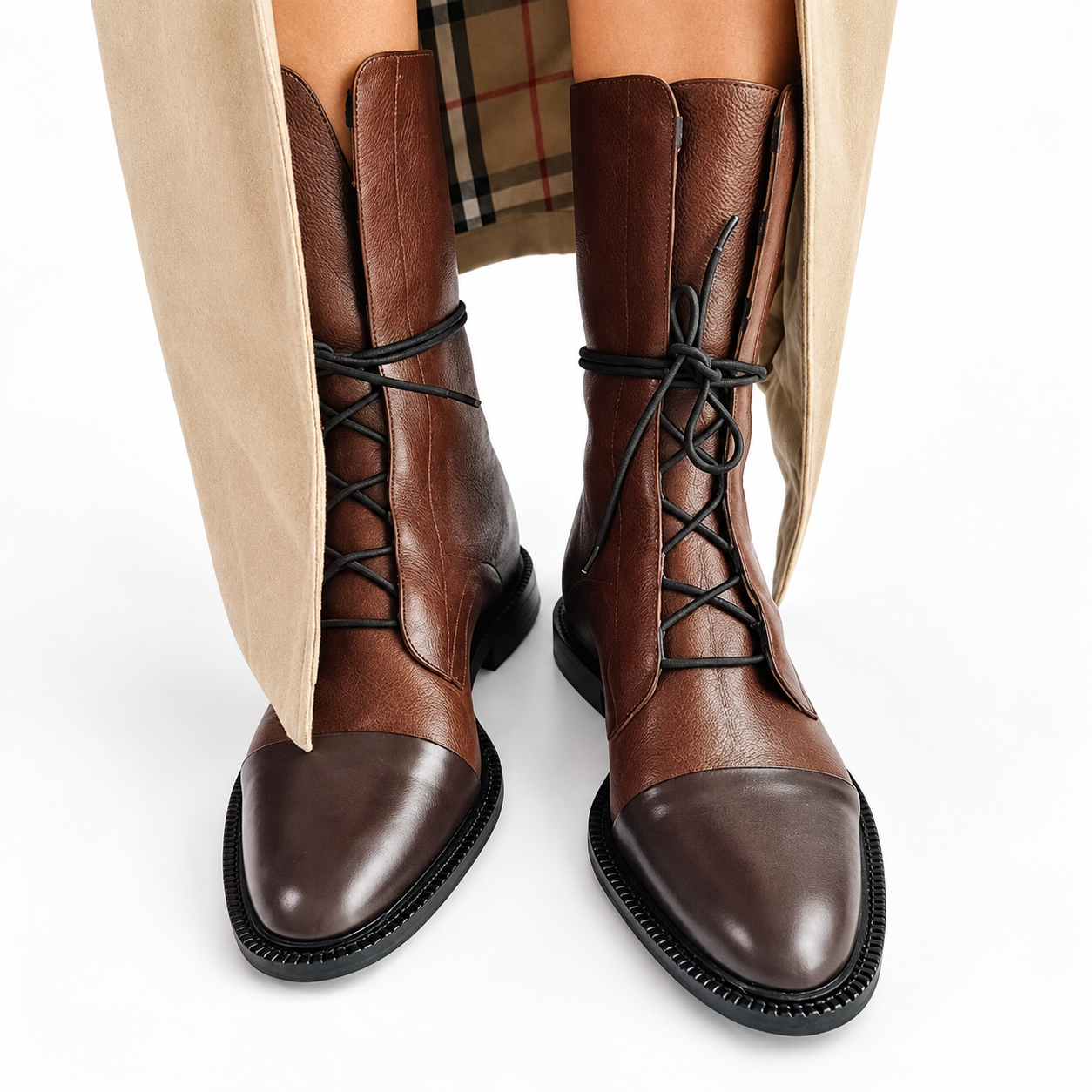 Cap Toe Combat Boots, Chunky Sole Faux Leather Lace Up