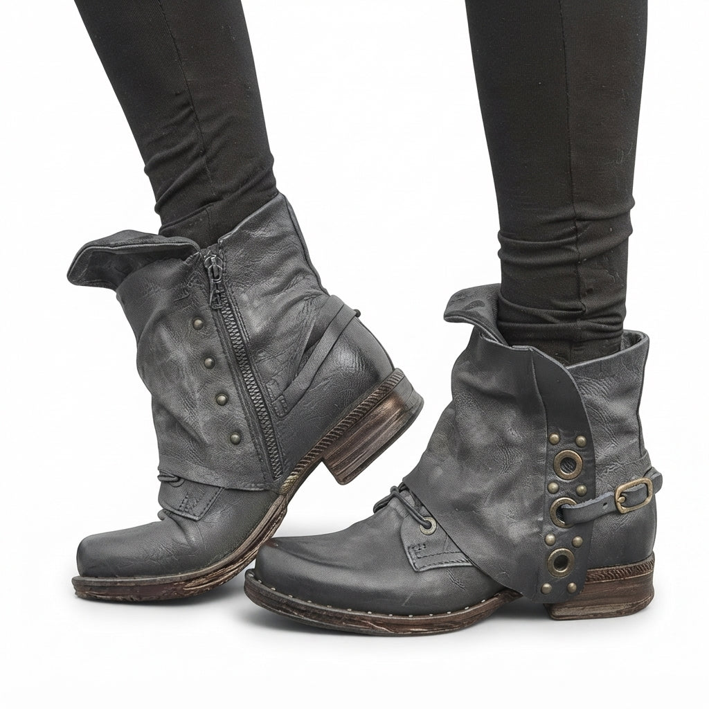 Slouch Leather Biker Boots, Arch Support Fold-Over