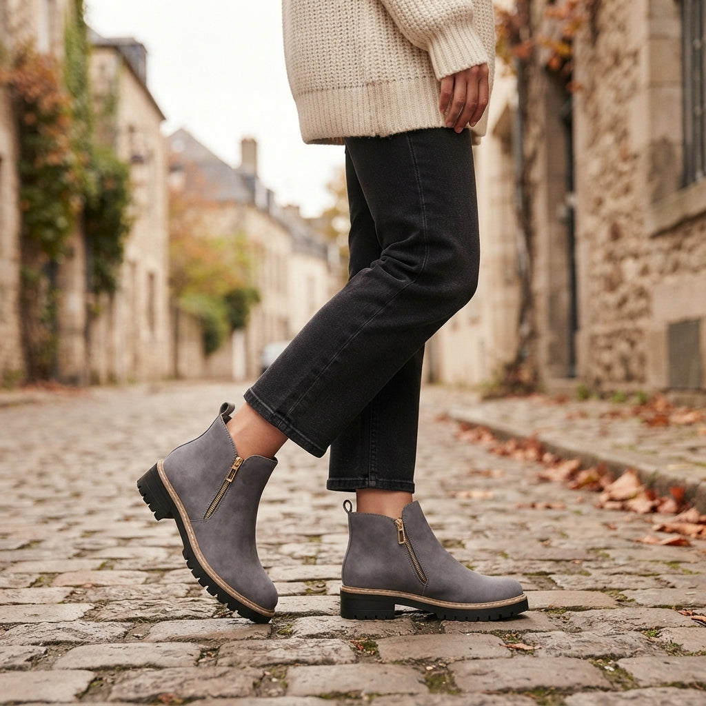 Orthopedic Ankle Boots, Heeled Side Zip and Lug Sole