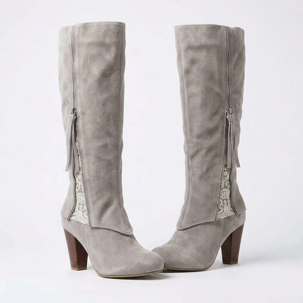 Knee High Boots with Lace Inset Zip and Folded Cuff