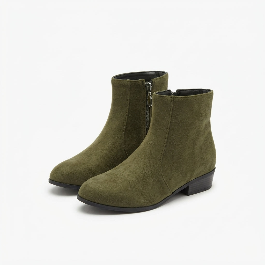 Suede Look Ankle Boots, Low Block Heel Side Zip Fit