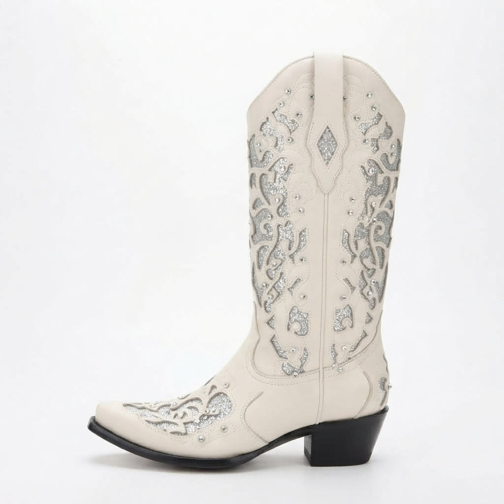 Sequin Cowboy Boots, Knee High Embroidered Pointed Toe