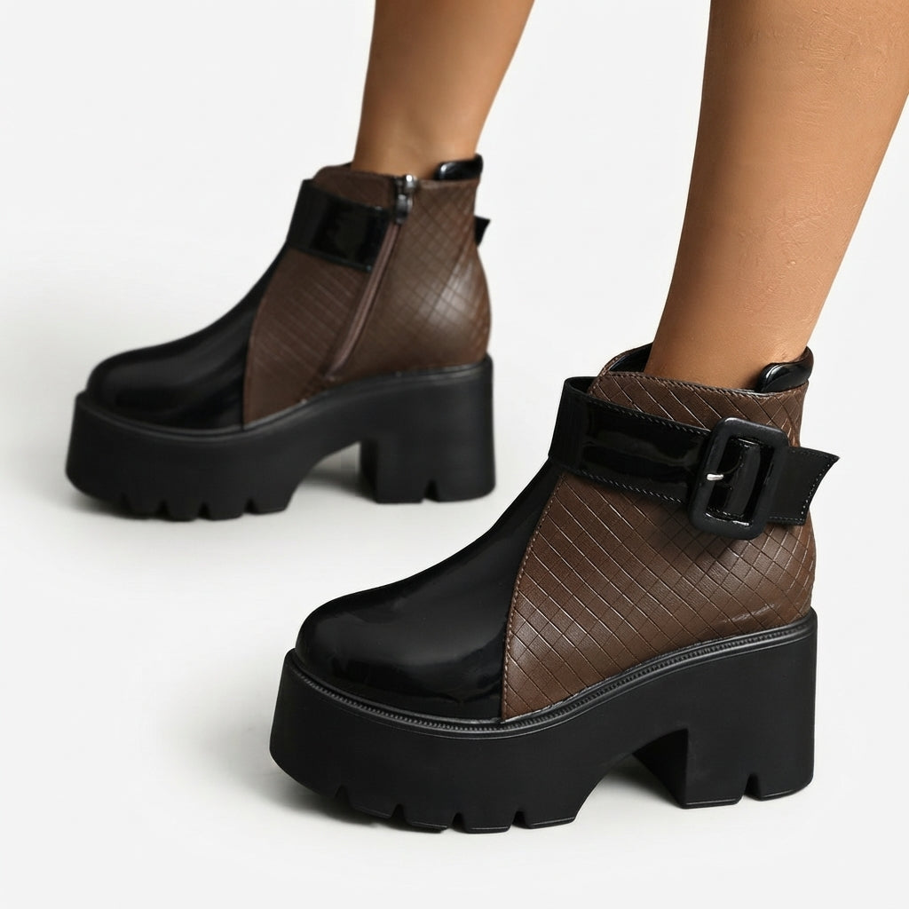 Platform Ankle Boots, Woven Faux Leather Buckle Strap