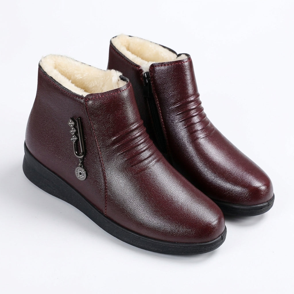 Shearling Lined Ankle Boots, Side Zip Low Block Heel