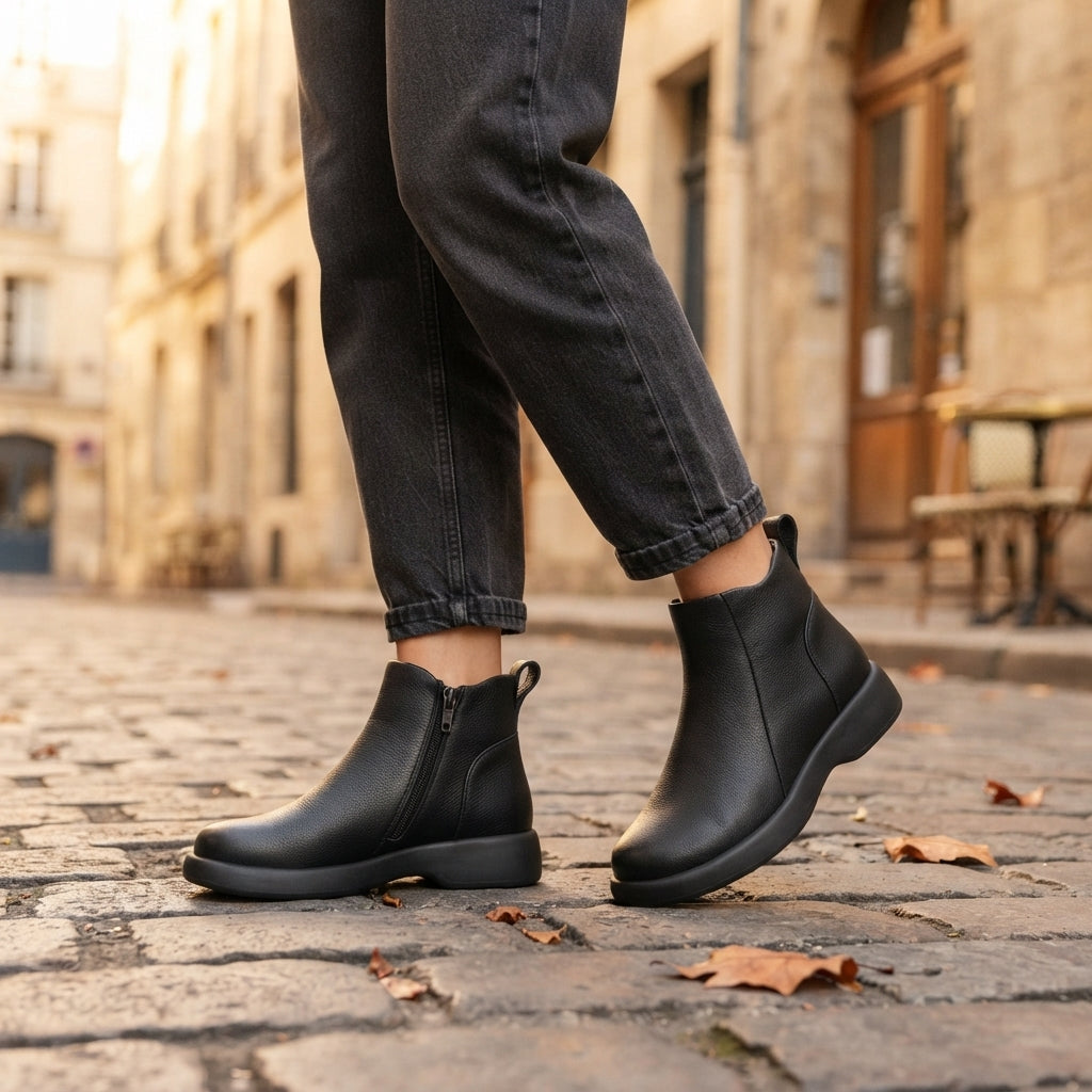 Leather Ankle Boots with Side Zip, Round Toe Mid Heel