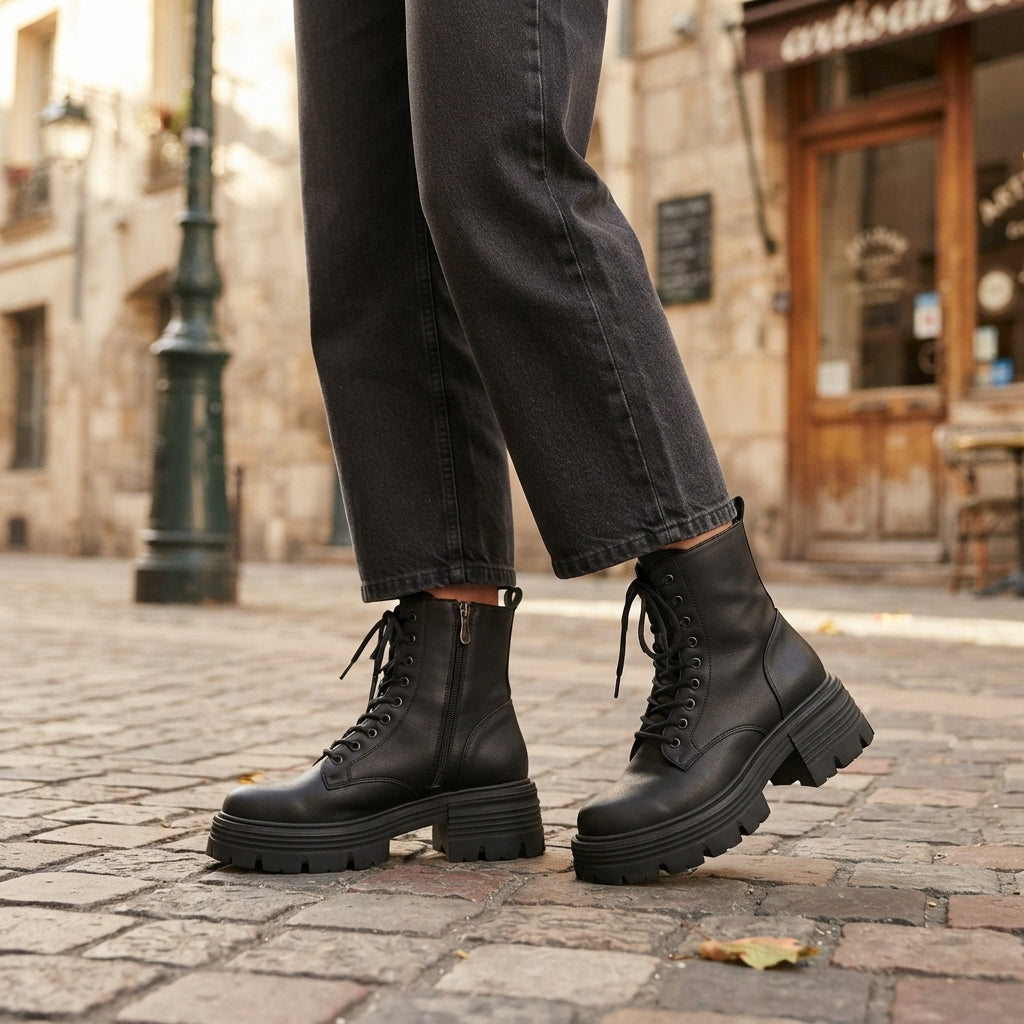 Faux Leather Platform Combat Boots, Lace-Up Lug Sole