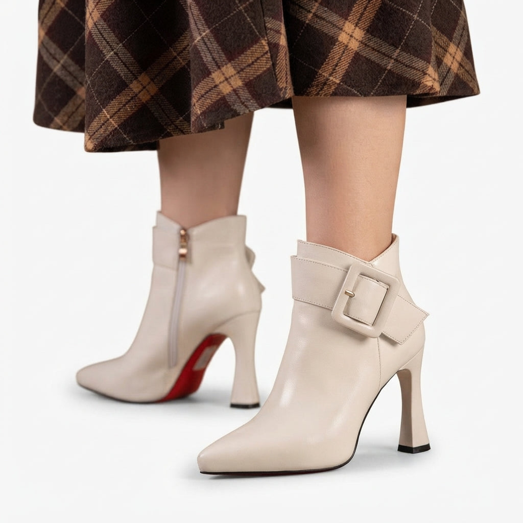 Pointed Toe Ankle Boots, Sculpted Heel Buckle Detail