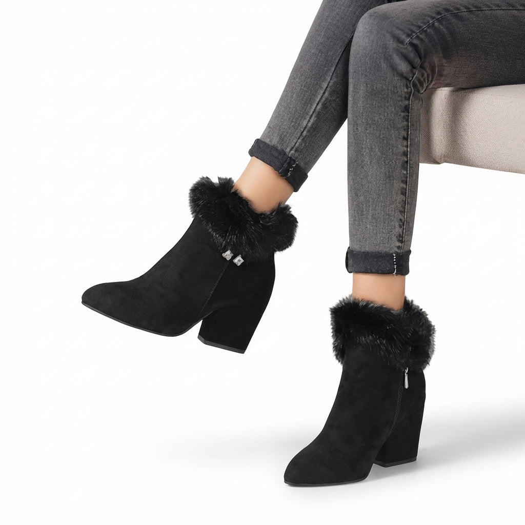 Fur Collar Ankle Boots, Block Heel Zip Up Winter Wear