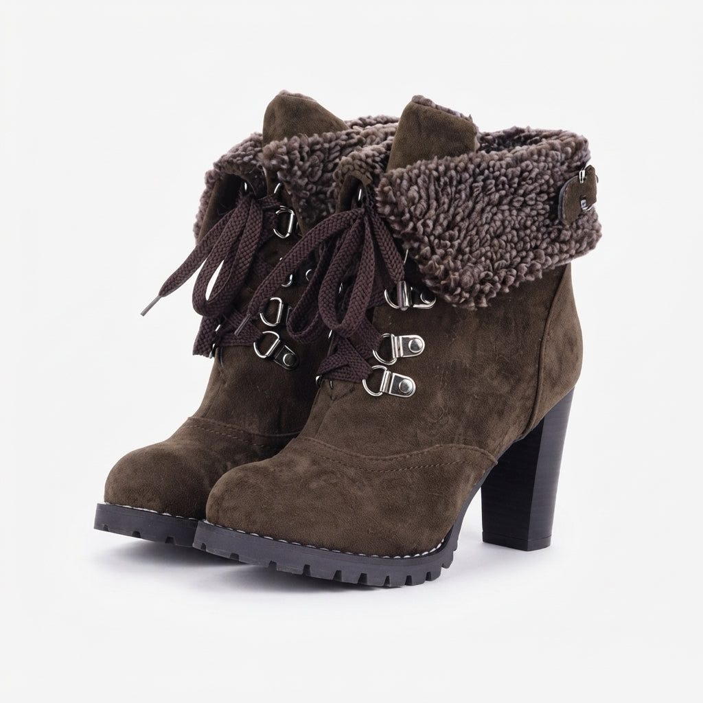 Faux Fur Collar Ankle Boots, Lace Up Chunky Block Heel
