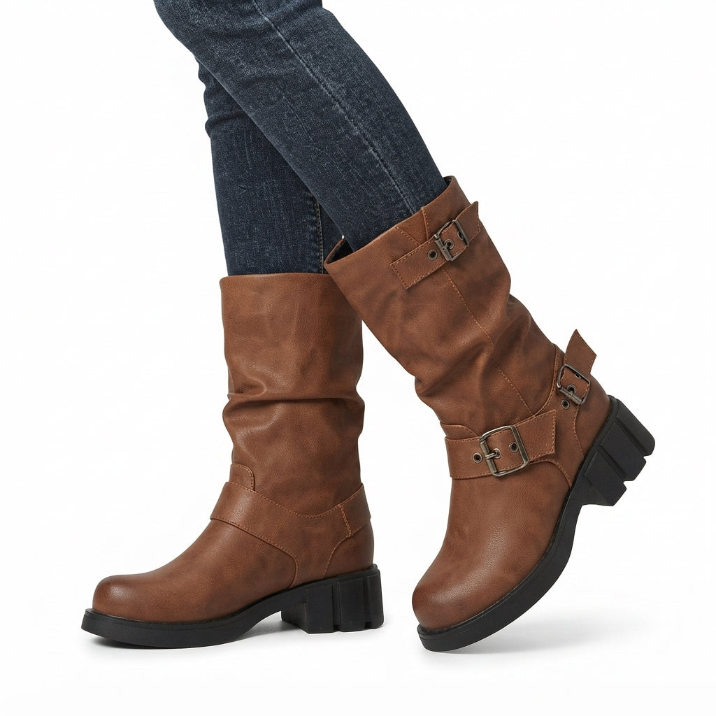 Buckle Strap Biker Boots, Chunky Lug Sole Cushioned