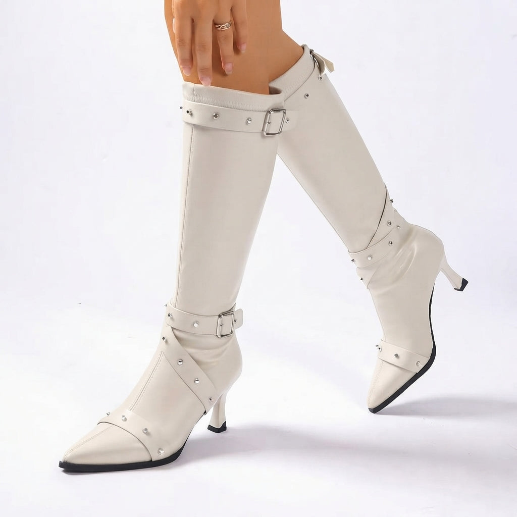 Studded Knee High Heeled Boots, Pointed Toe Buckles