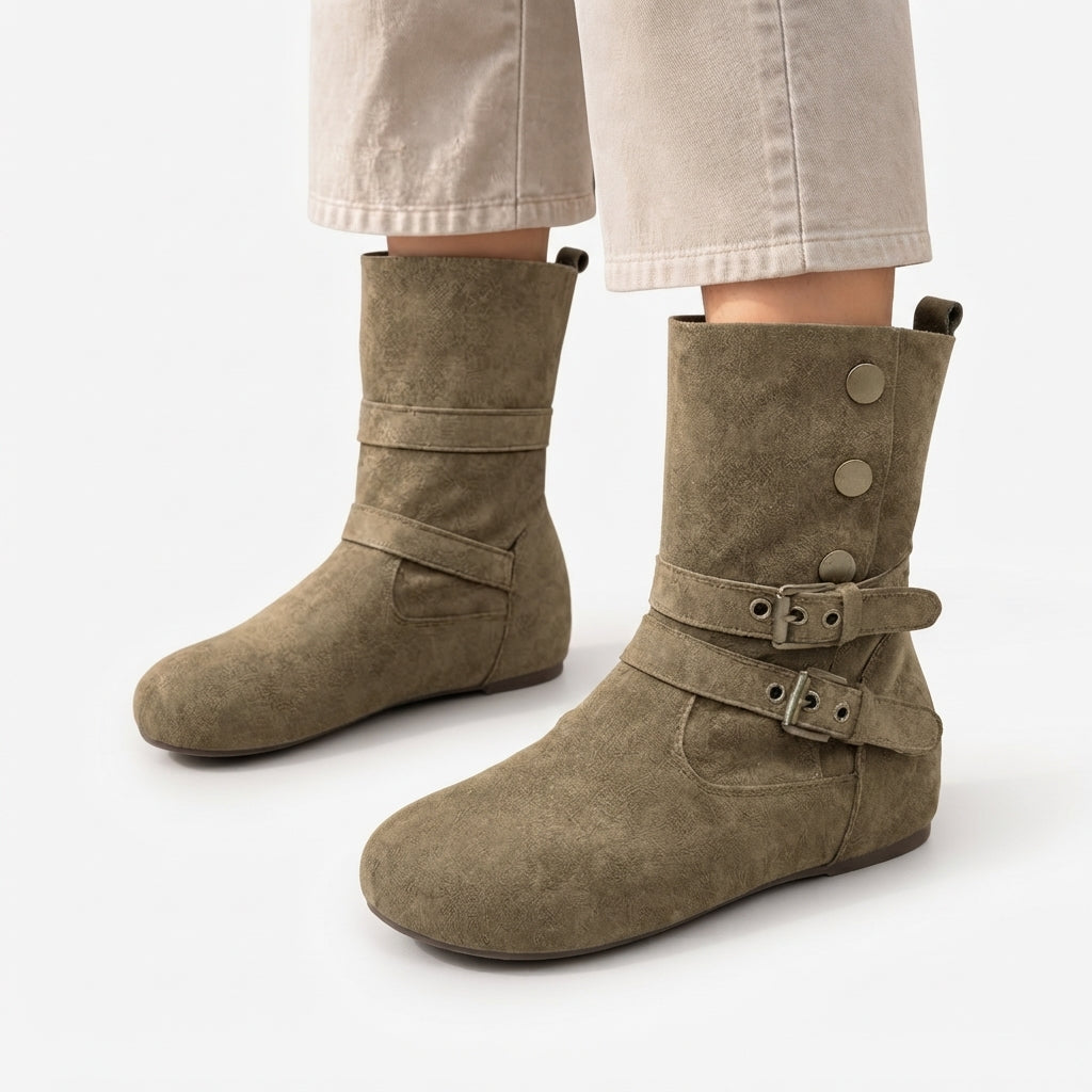 Suede Biker Boots, Double Buckle Mid-Calf Flat Sole
