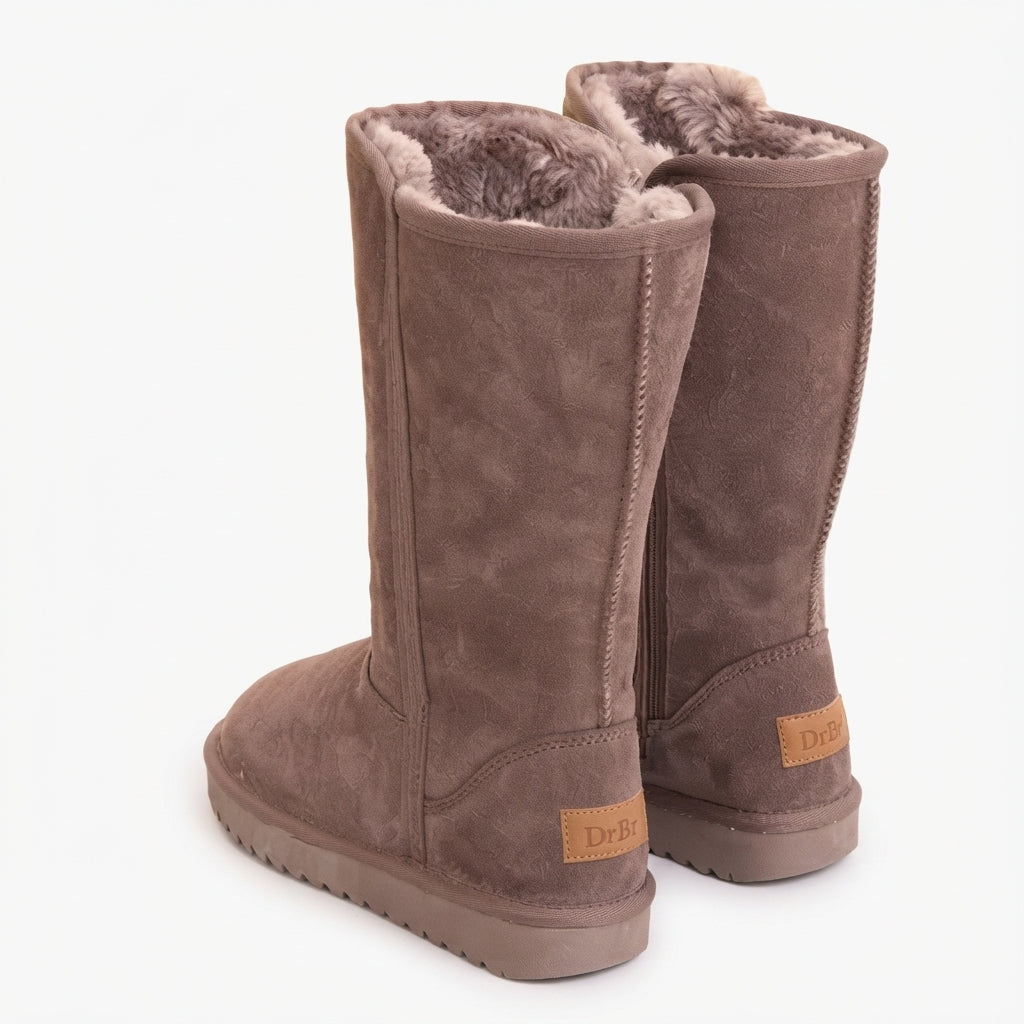 Fleece Lined Knee High Winter Boots, Suede Look Zip