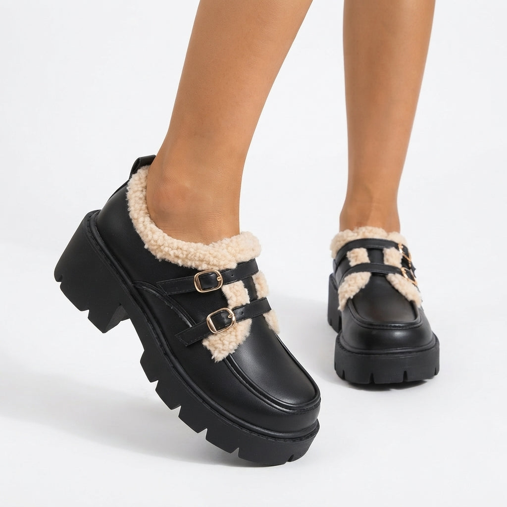 Platform Monk Strap Shoes, Sherpa Trim Double Buckle