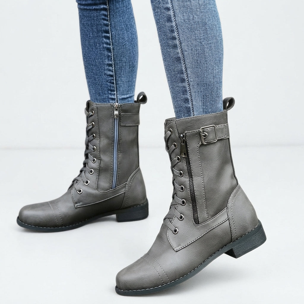 Lace Up Combat Ankle Boots, Side Zip Low Block Heel