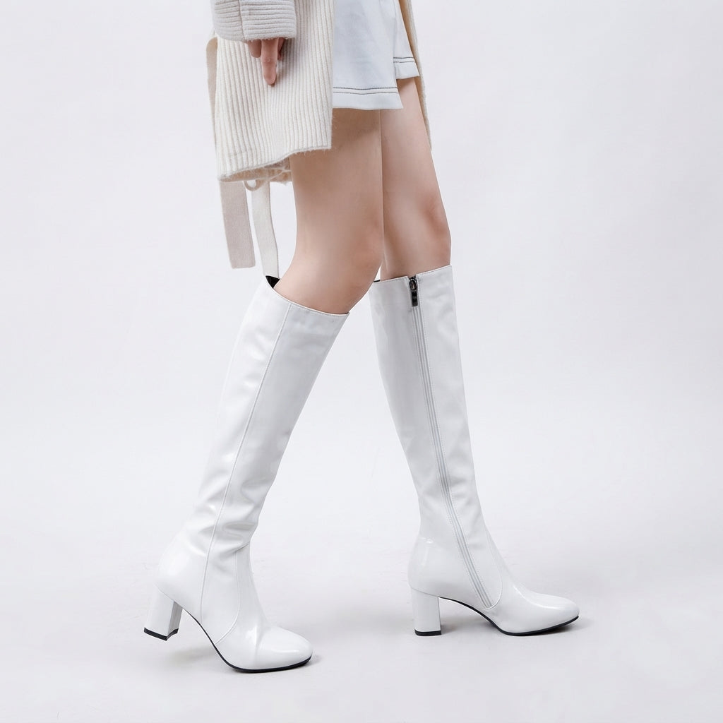 Glossy Leather Knee High Boots, Block Heel Side Zip
