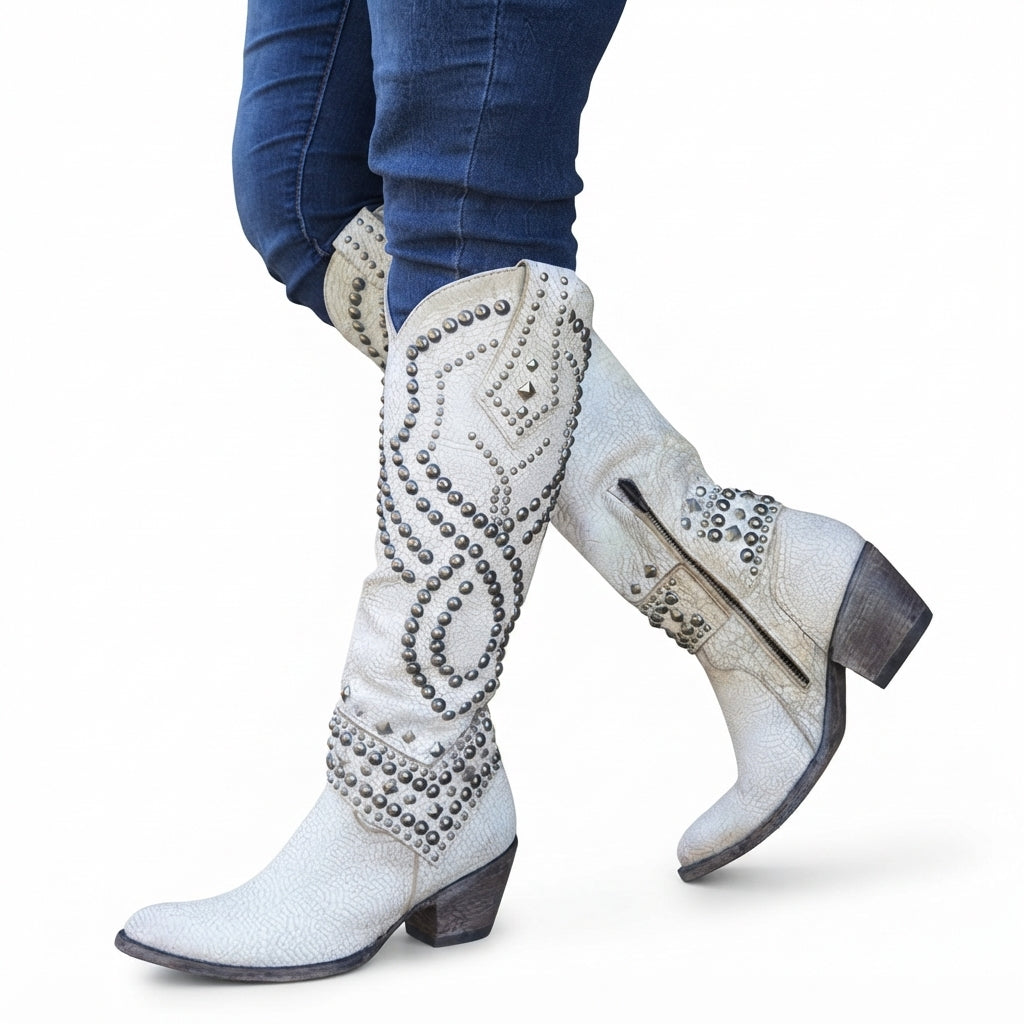 Studded Knee High Cowboy Boots, Leather Pointed Toe