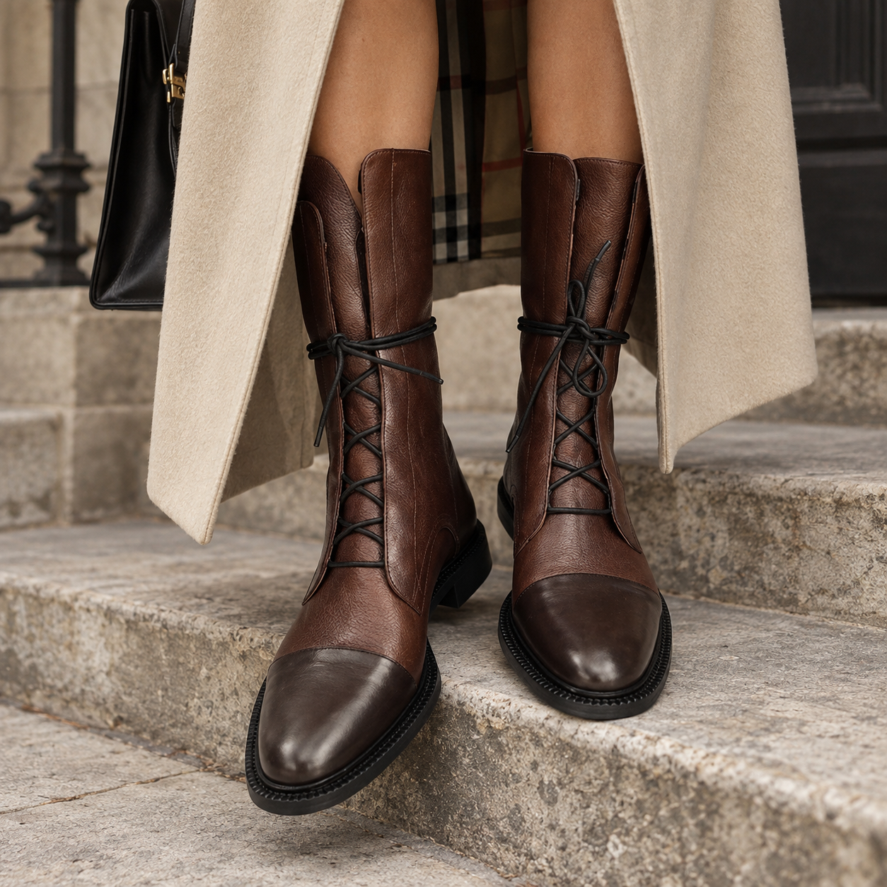 Cap Toe Combat Boots, Chunky Sole Faux Leather Lace Up