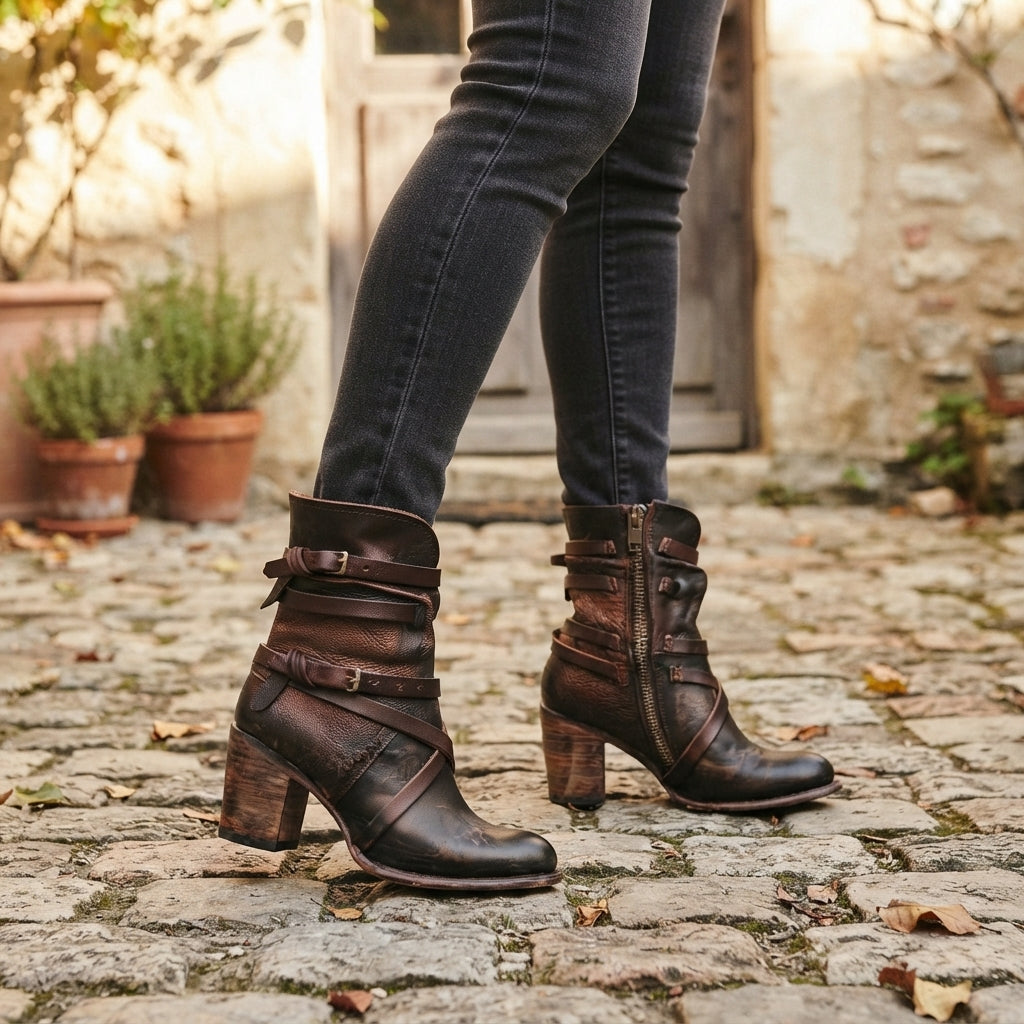 Heeled Biker Boots, Buckle Strap Lined Suede Style