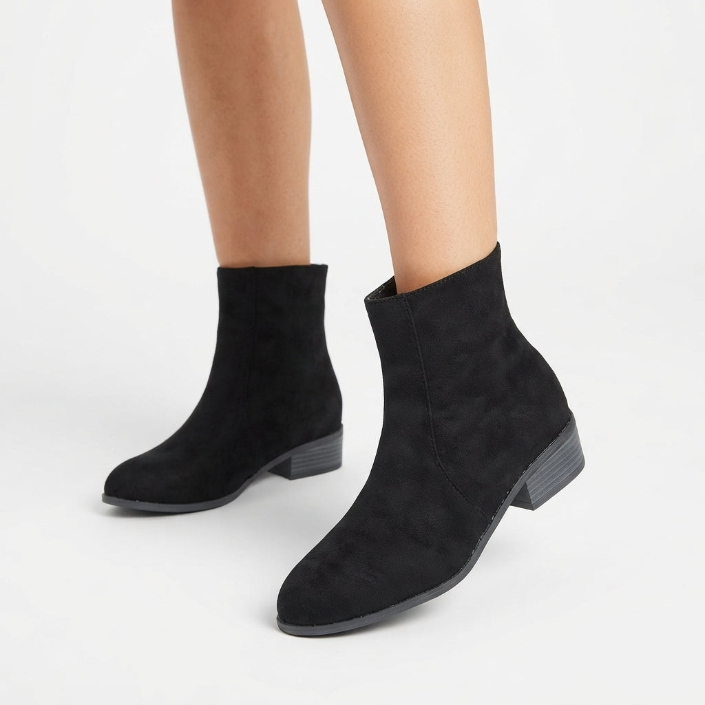 Suede Look Ankle Boots, Low Block Heel Side Zip Fit