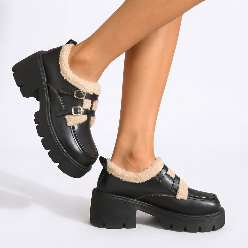 Platform Monk Strap Shoes, Sherpa Trim Double Buckle