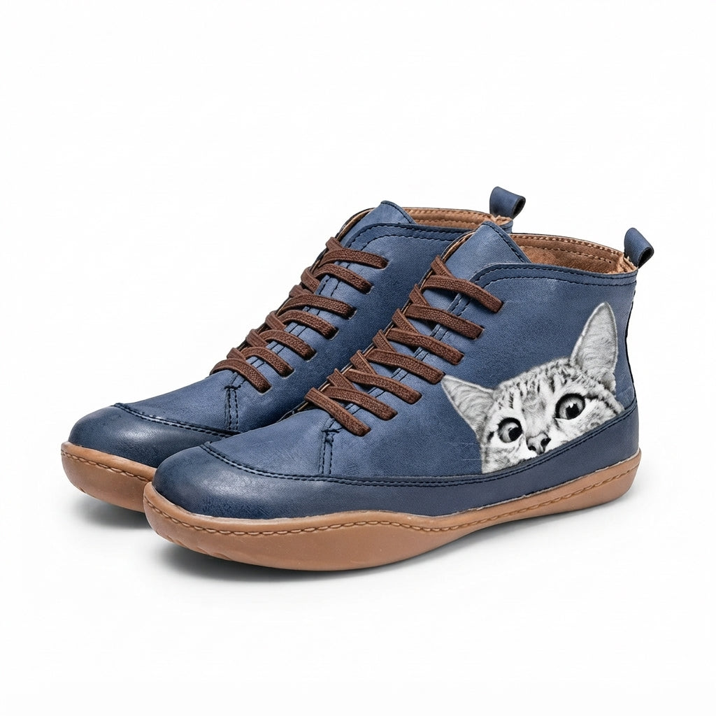 Cat Print Ankle Boots, Plush Lined Cushioned Insole
