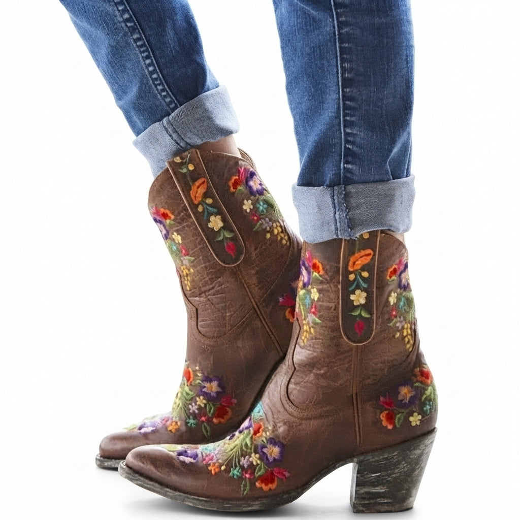 Waterproof Leather Cowboy Boots, Floral Embroidered