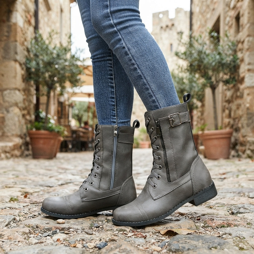 Faux Leather Biker Boots, Arch Support Buckle Strap