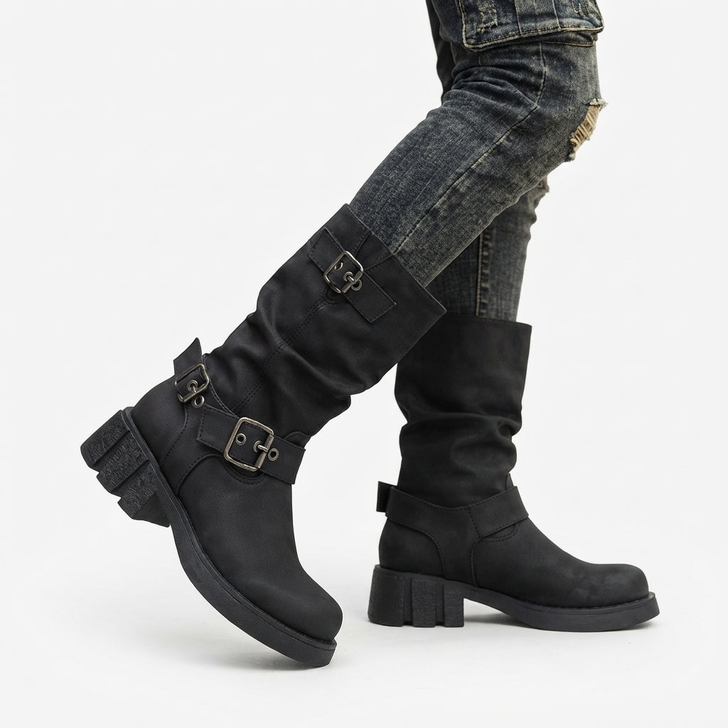 Buckle Strap Biker Boots, Chunky Lug Sole Cushioned