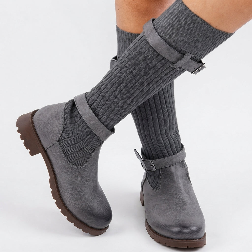 Ribbed Knit Slouch Winter Boots, Chunky Lug Sole Grip