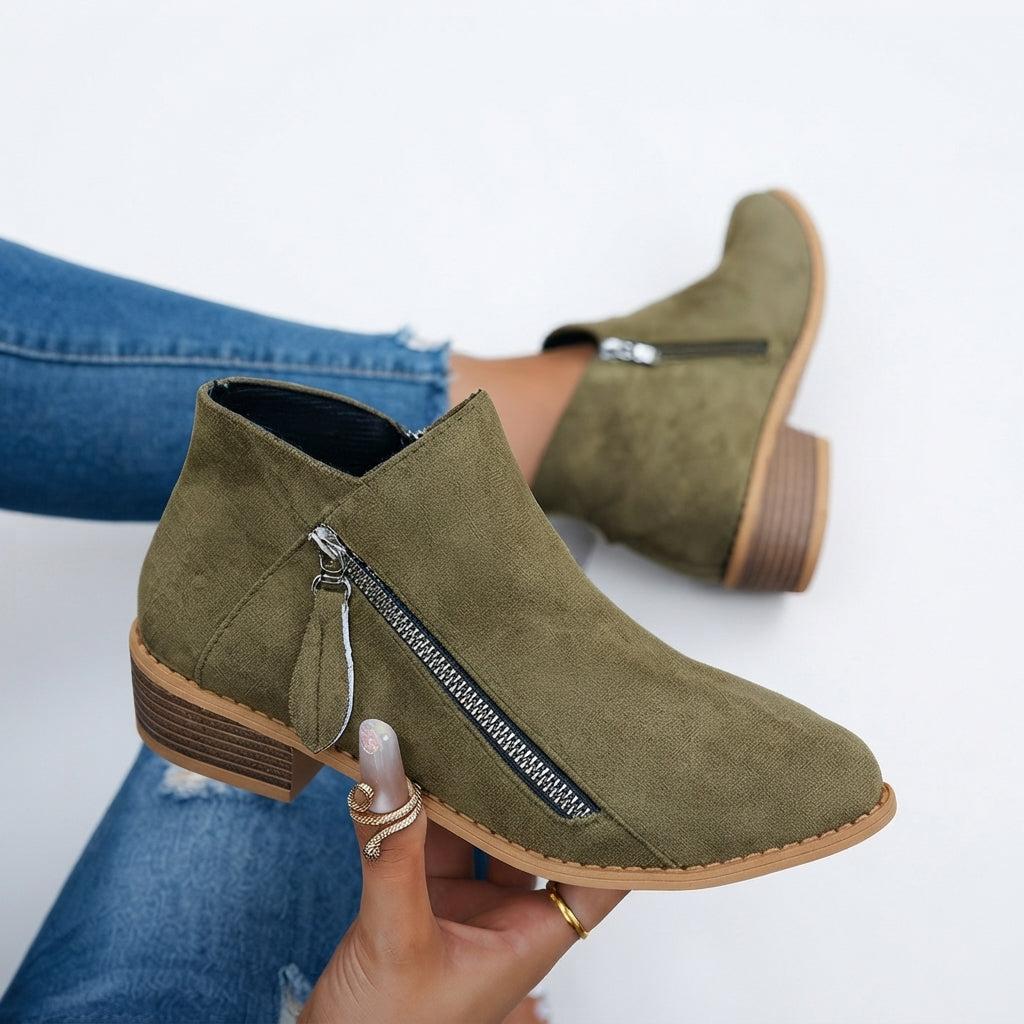 Round Toe Ankle Boots, Stacked Block Heel Side Zip