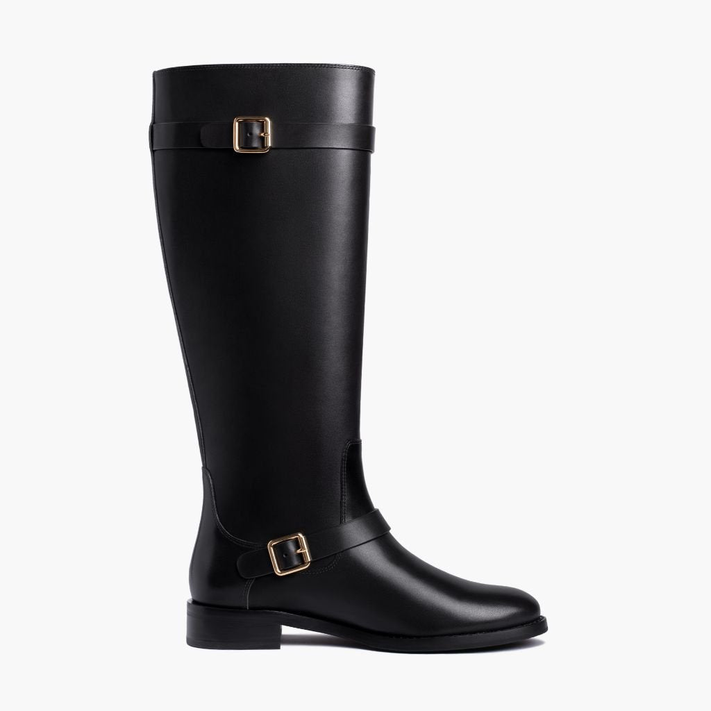 Buckle Strap Riding Boots, Knee High Leather Zip Up